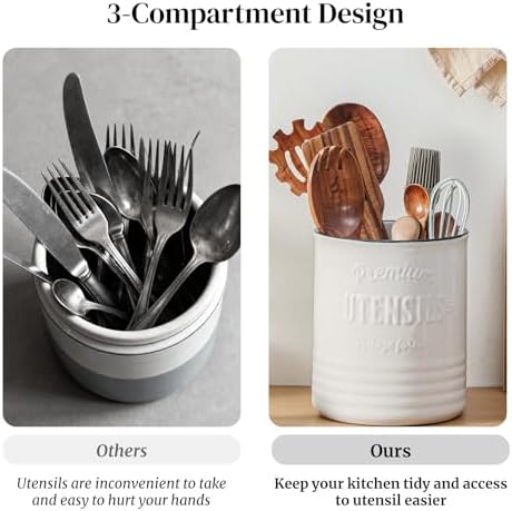 DOWAN 7.2" Large Ceramic Utensil Holder for Kitchen Counter, Beige, Devider
