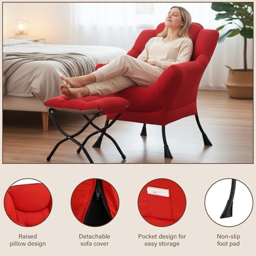 Welnow Lazy Chair with Ottoman, Reading Chair with Footrest,Red