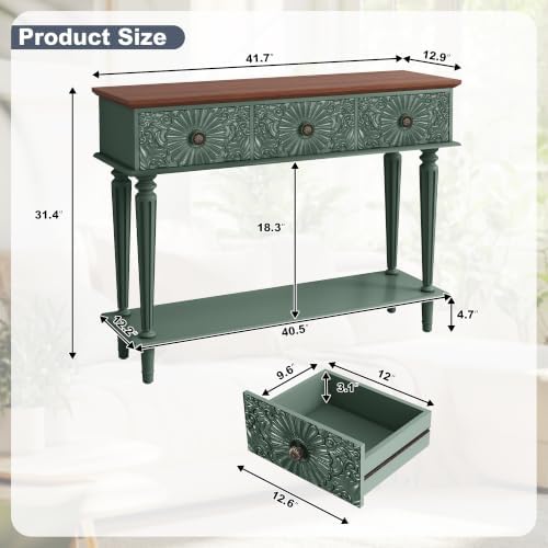 Vintage Console Table with 3 Embossed Floral Drawers for Entryway