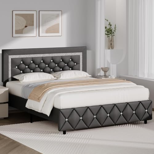 BarnFurin Queen Bed Frame with Diamond Tufted Headboard, Grey