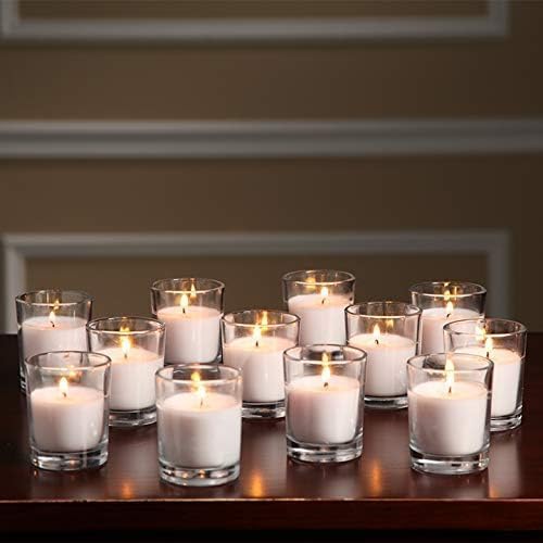 Set of 72 Pack White Unscented Clear Glass Filled Votive Candles. Hand Poured Wax Candle Ideal Gifts for Home Décor Parties Weddings Holidays and Meditation (White)