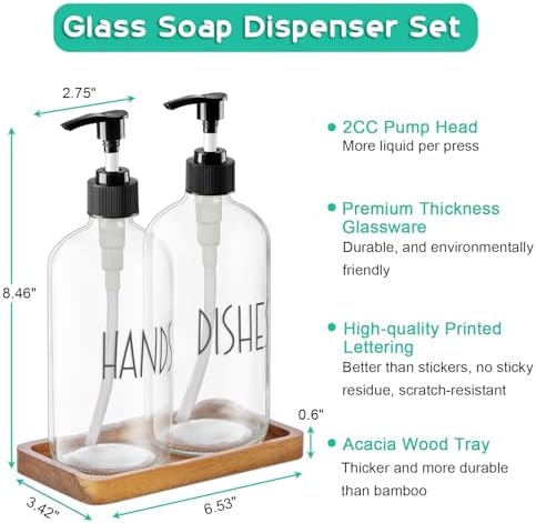 ALELION Glass Soap Dispenser with Pump - 16 OZ Clear Dish and Hand Soap Dispenser Set with Acacia Wood Tray for Kitchen Bathroom - Modern Liquid Pump Bottles
