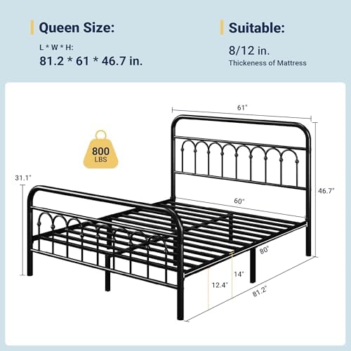 Allewie Queen Size Metal Platform Bed Frame with Headboard, Black