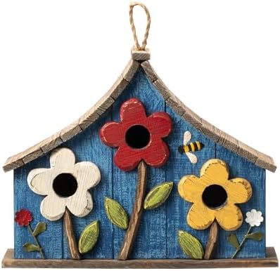 Glitzhome Bird Houses for Outside, 15" L Oversized Distressed Solid Wood Birdhouse with 3D Flowers Rustic Three-Story Villa Decorative Hand-Painted Hanging Bird Houses for Outdoors,Washed Blue