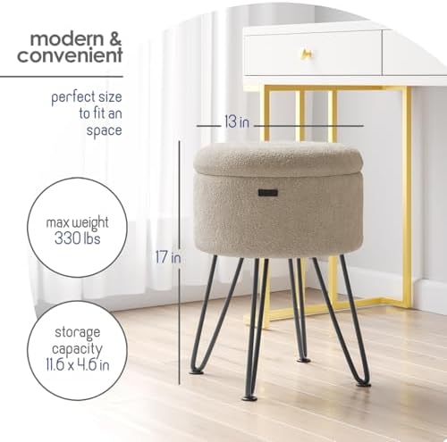 Round Ottoman with Storage, Boucle Storage Ottoman, Foot Stool Ottomans, Makeup Vanity Stool, Small Ottomans Foot Rest, Modern Vanity Stools for Living Room and Bedroom, Beige