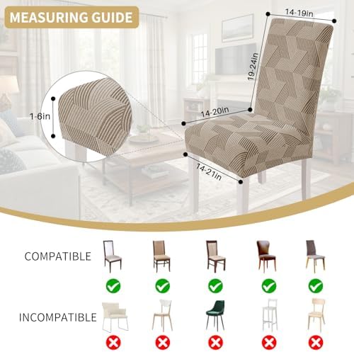JIVINER Stretch Dining Chair Slipcovers Set of 2, Geometrical Jacquard Dining Chair Covers, Washable Kitchen Chair Covers for Dining Room, Hotel, Party, Khaki