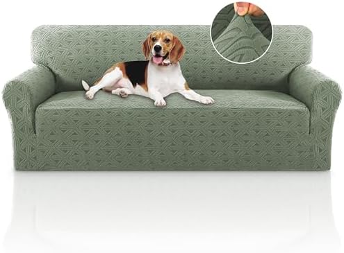 PrinceDeco Jacquard Couch Covers for 3 Cushion Couch 1 Piece Stretch Sofa Covers Furniture Protector Anti-Slip Soft Thickened Dogs Slipcovers Washable Diamond Pattern(Sofa, Sea Grass)
