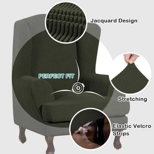 Turquoize Wingback Chair Covers 2 Piece Wing Chair Slipcover Stretch Slipcovers for Wingback Chairs Spandex Jacquard Fabric with Elastic Bottom Non-Slip Furniture Cover, Olive