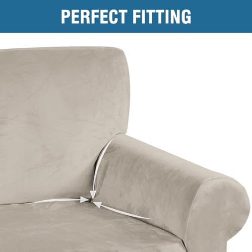 H.VERSAILTEX Stretch Velvet Loveseat Covers for 2 Cushion Couch Covers for Living Room Sofa Covers Slipcovers with Non Slip Straps Bottom, Ultra Thick Comfy Velour (Width 58"-72", French Oak)