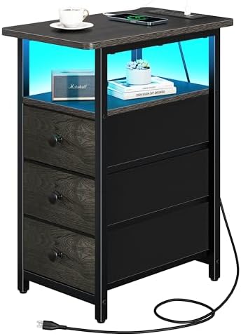 Yoobure End Table with Charging Station, LED Narrow Side Table Bedside Table, Small Night Stand End Tables Living Room, Skinny Nightstand with 3 Fabric Drawers, Side Tables Bedroom for Small Spaces