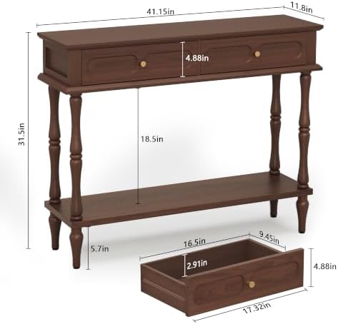 ARTPOWER 41" Mid-Century Console Table, 2 Drawers and Open Shelf, Brown