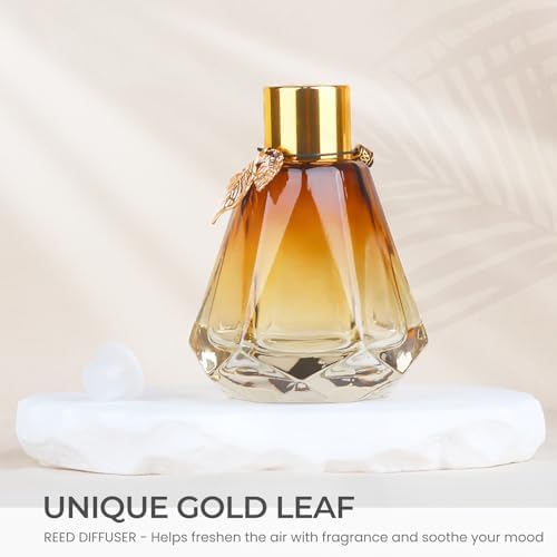 Reed Diffuser Set - 4 Empty Bottles with 20 Sticks, Delicate Gold Leaf Decor, Glass Fragrance Diffuser with Lids for Home, Bathroom | Refillable, Diamond Style (4 PCS Gold)