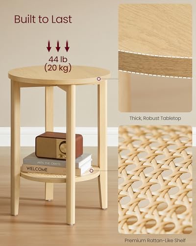 VASAGLE Round Side End Table, 2-Tier Boho Bedside Table with Rattan-Look