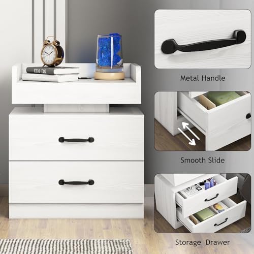 4ever2buy White Nightstand with Charging Station and LED Lights