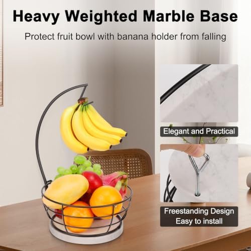 Livabber Countertop Fruit Basket Bowl with Banana Hanger, Modern Standing Fruit Vegetable Bowl Storage, with Banana Tree Holder for Kitchen Dinning Table (Round Marble, Black)