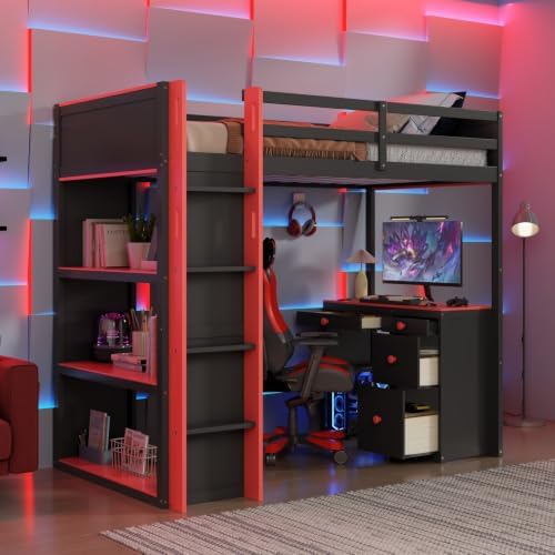 LUMISOL Twin Gaming Loft Bed with Desk and Storage Shelves, Solid Wood Loft Bed with Drawers and Computer Desk for Teens, Space Saving High Loft Bed Frame for Kids Bedroom Red