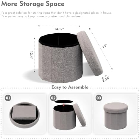 B FSOBEIIALEO Storage Ottoman Cube, Round Ottoman with Storage, Grey