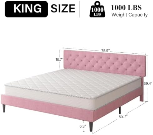 HOMBCK King Size Bed Frame, Upholstered Bed with Adjustable Headboard, Pink