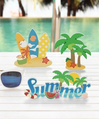 Putuo Decor Summer Tabletop Decor Set, Tropical Beach Standee Signs with Surfboards Palm Trees “Summer” Word Art, Cute Coastal Centerpiece for Tiered Tray Coffee Bar Party Table, Home Office Classroom