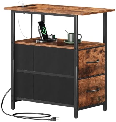 Somdot Narrow End Table with Charging Station, 2 Drawers, Slim Side Table
