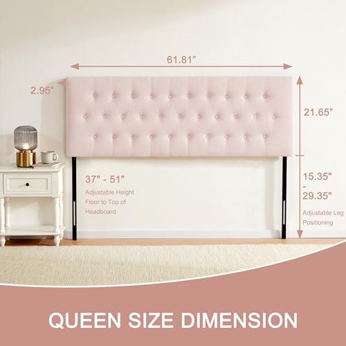 Tufted Upholstered Headboard Queen Size, Adjustable Height 37- 51 in, Pink