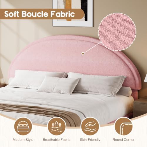 REVOMINCA King Size Bed Frame, Boucle Upholstered Platform Bed with Headboard, Soft Bed Frame with Round Corner, No Box Spring Required, Easy Assembly, Pink