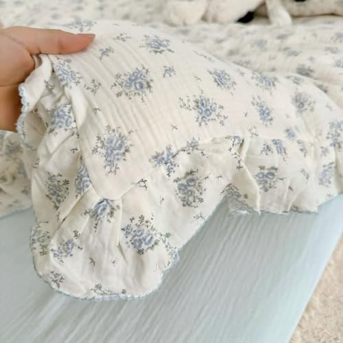 BuLuTu Muslin Cotton Ruffles Duvet Cover Set Twin, Chic Shabby Toddler Kids Twin Bedding Set - Blue Floral Comforter Cover 68"x86"+ 2 Pillowcases, Fressia Pattern, Zipper Closure, 4 Ties
