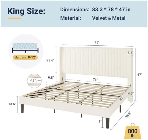 Allewie King Size Velvet Bed Frame/Vertical Channel Tufted Wingback Headboard/Upholstered Platform Bed/No Box Spring Needed/Strong Wooden Slats/Easy Assembly/Cream White