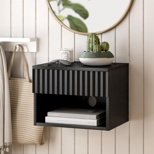 Floating nightstand Set of 2，Modern Fluted Bedside Tables with Drawer & Open Shelf Black