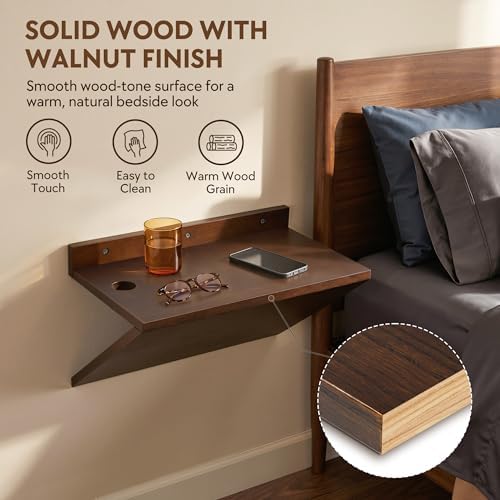 Floating Nightstand Set of 2 Walnut Bedside Table Wall Mounted Wood
