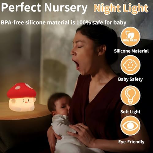 Mushroom Night Light for Kids, Cute Squishy Silicone Mushroom Lamp, 50-Hour Rechargeable Bedside Nursery Light with Tap Control, 30-Min Auto-Off Timer, Kawaii Room Decor Gift for Girls