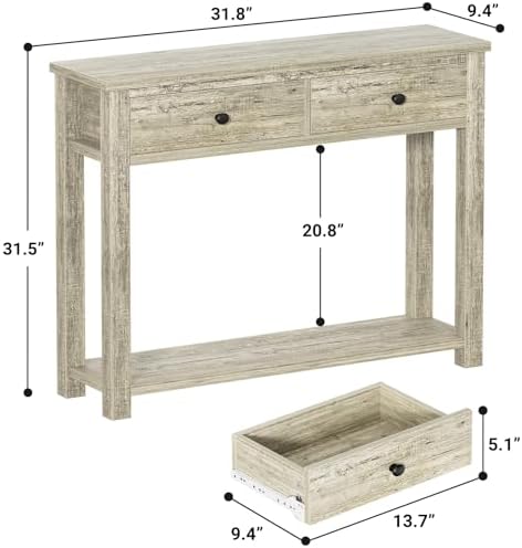 Homieasy Farmhouse Console Table with 2 Drawers, 32 Inch Small Sofa Table with Storage Shelf for Living Room, Behind Couch, Entryway Table for Hallway, Living Room, or Foyer, Light Rustic Oak