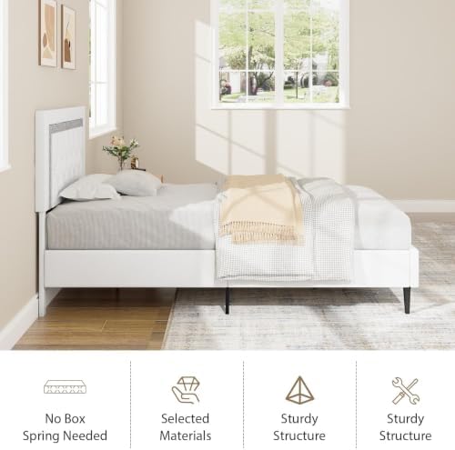 BarnFurin Twin Bed Frame with Tufted Button Headboard, White