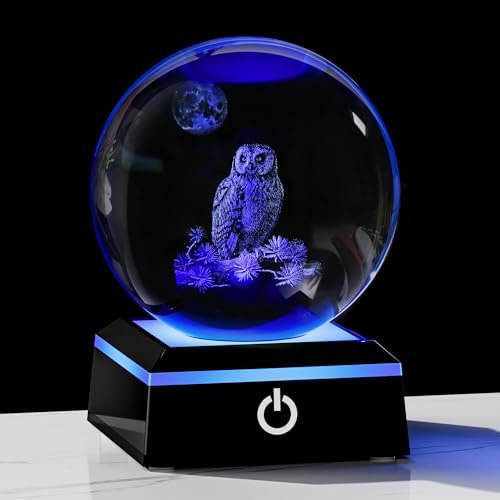Owl Gifts for Women 3D Crystal Ball 3.14'' - Laser Owl Decor Glass Animals Bird Figurines Statue Stuff for Room Decorations Bird Night Light