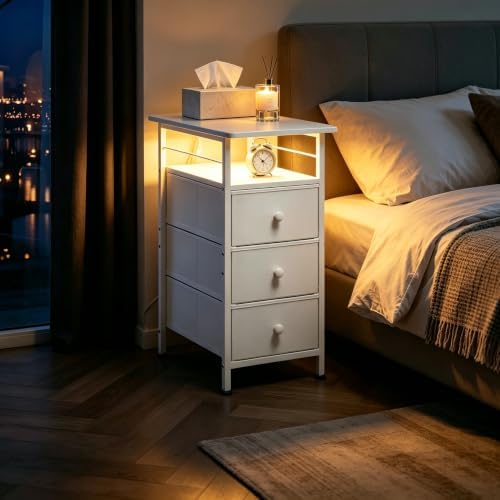 WLIVE Night Stand with Charging Station, End Table with 3 Fabric Drawers