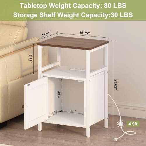 Bedside Table with Charging Station Side Table for Small Spaces White