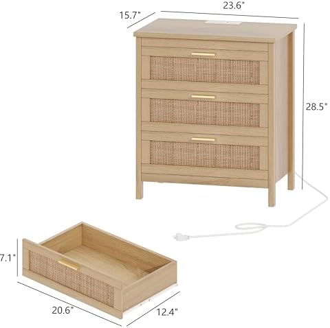 Keehusux Rattan Nightstand with Charging Station and 3 Drawers, Natural