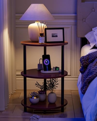 XBurmo Small Round End Table - 3 Tier Design Accent Table, Narrow Side or Bedside Stand, Industrial Vintage Table for Small Spaces, Built-in USB Ports and Power Outlet, Rustic Walnut