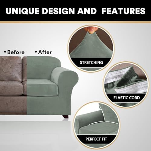 PrinceDeco Velvet Couch Covers for Sofa Soft 4 Pieces Couch Covers for 3 Cushion Couch Sofa Pet Friendly Furniture Protector with Non Slip Elastic Bottom Width Up to 97 Inch (Large Sofas, Sea Grass)