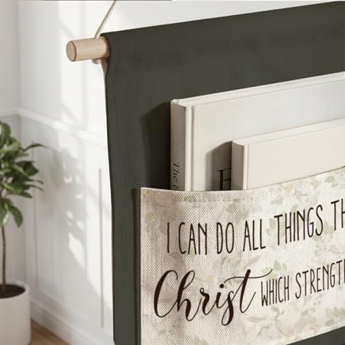 IAXIC Canvas Wall Hanging Organizer with Pockets Fish Extender Hanging Pouch Bible Verses Door Closet Organizers Fabric Storage Pockets Wall Decoration