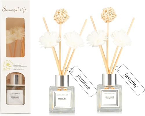 2PCS Reed Diffuser Set, 1.7 oz Scent Diffuser with Sticks, Jasmine Scent