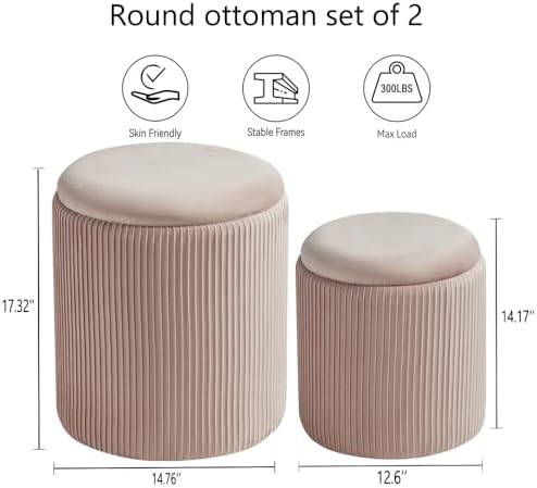 BLEXA Set of 2 Round Storage Ottoman, Velvet Pink Ottoman with Storage