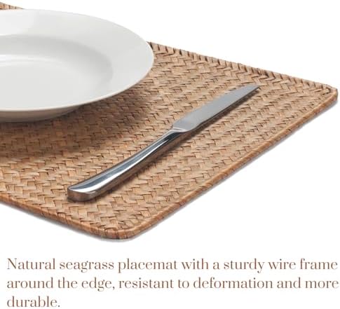 6 Pack Rectangular Woven Placemats, Rattan Wicker Table Mats, 17" x 12", Natural Seagrass Place Mats for Dining Table