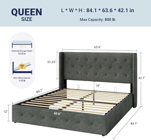 Allewie Queen Size Lift Up Storage Button-Tufted Bed Frame Dark Grey