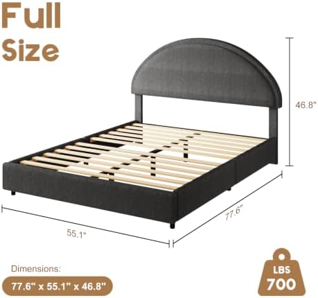 REVOMINCA Full Size Bed Frame, Upholstered Platform Bed with Headboard, Boucle Bed Frame with Round Corner, No Box Spring Required, Easy Assembly, Dark Grey