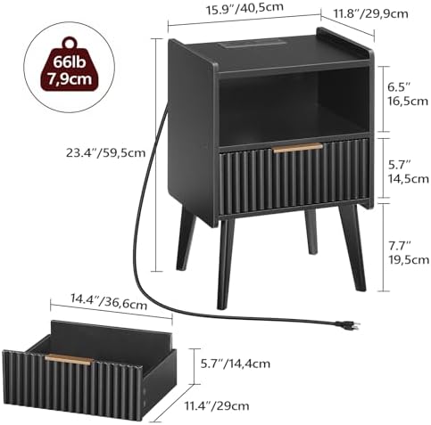 MAHANCRIS Black Nightstand with Charging Station, Modern Fluted End Table