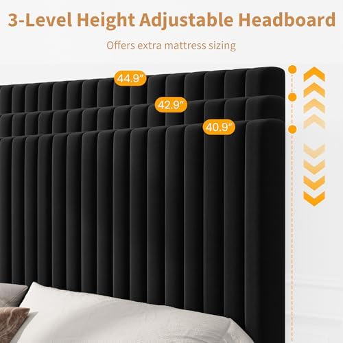King Bed Frame with Adjustable Headboard, Velvet Upholstered Platform Bed