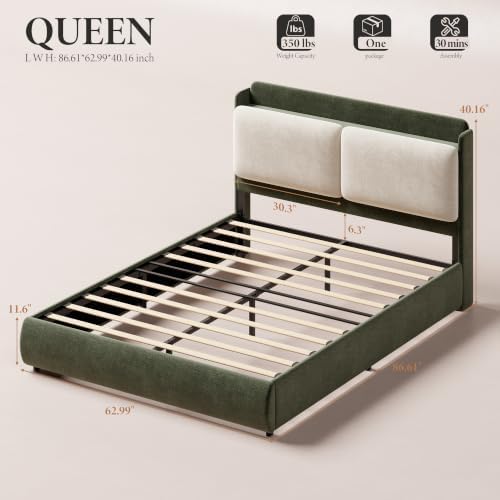 Garvee Queen Upholstered Bed Frame with Shelf & Drawers - Green & Beige