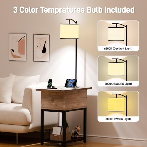 runjuly Floor Lamp with Table, Narrow Side Table with Charging Station
