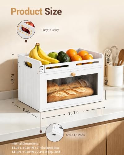 Bread Box for Kitchen Countertop, Bamboo Storage with Top Shelf, White